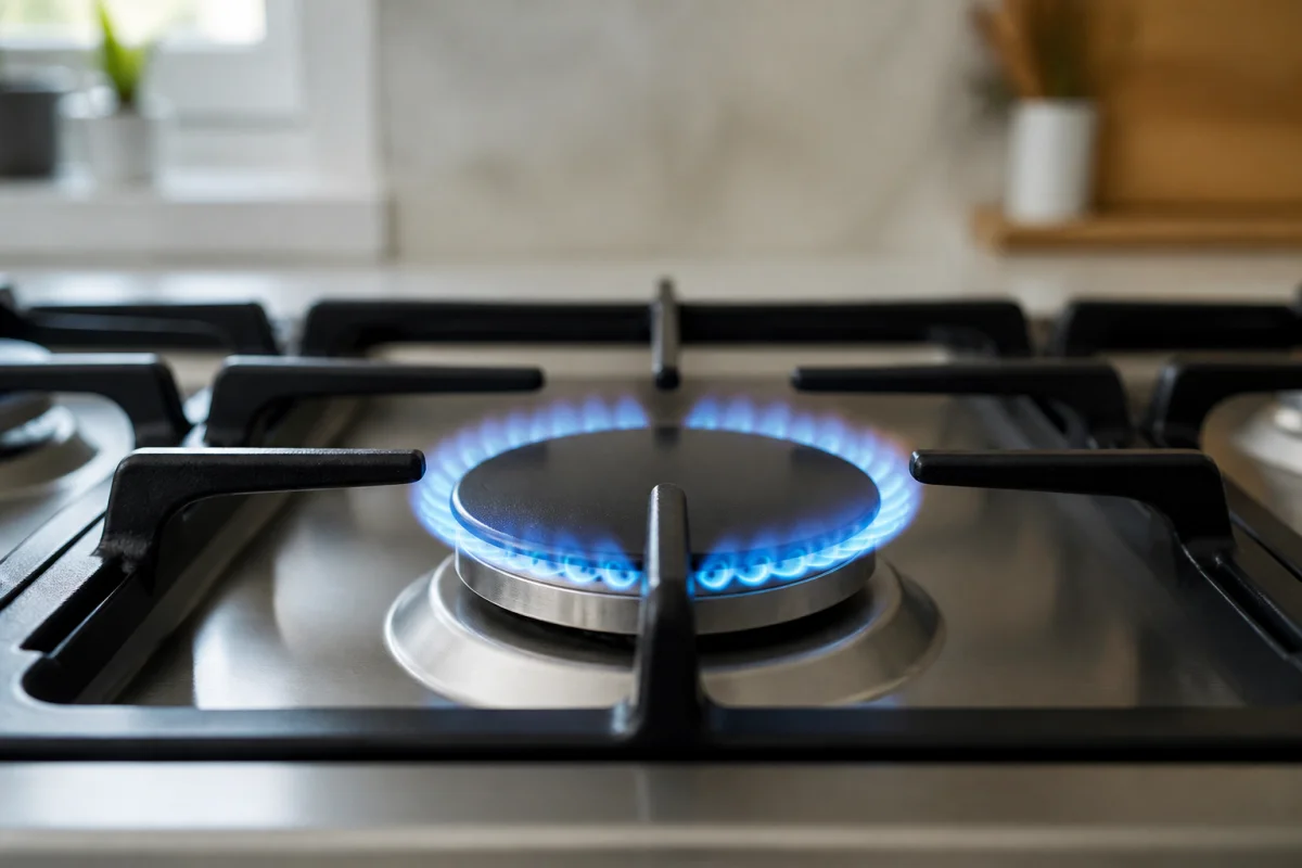 Brûleur gaz propre et correctement remonté, diffusant une flamme bleue régulière sur une cuisinière entretenue