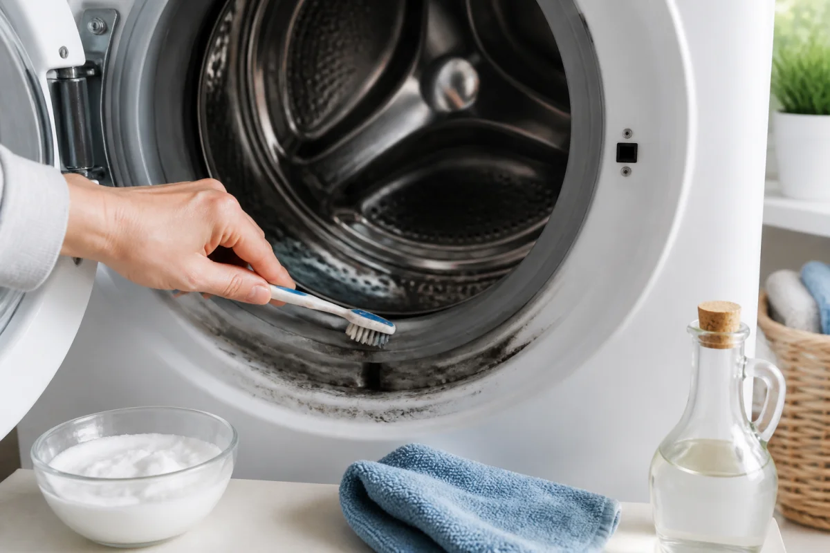 Nettoyage du joint en caoutchouc d’une machine à laver avec bicarbonate, vinaigre blanc et brosse anti-moisissure
