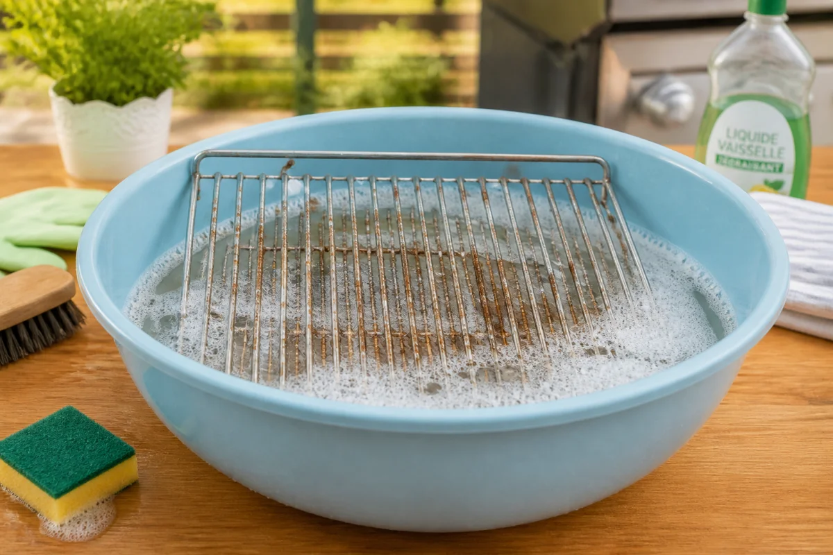 Grille de barbecue trempée dans une bassine d’eau chaude savonneuse pour faciliter son nettoyage efficace