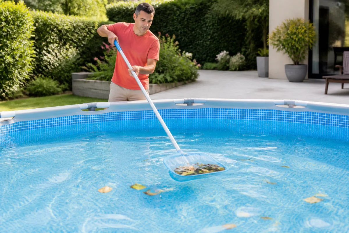 Comment nettoyer une piscine hors sol avec une épuisette pour retirer feuilles, insectes et débris flottants