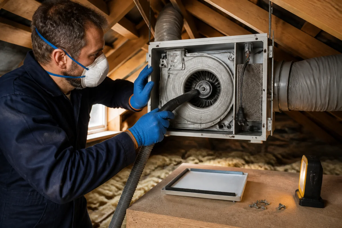 Adulte masqué nettoyant une VMC hors tension dans des combles, avec un aspirateur à main autour du ventilateur