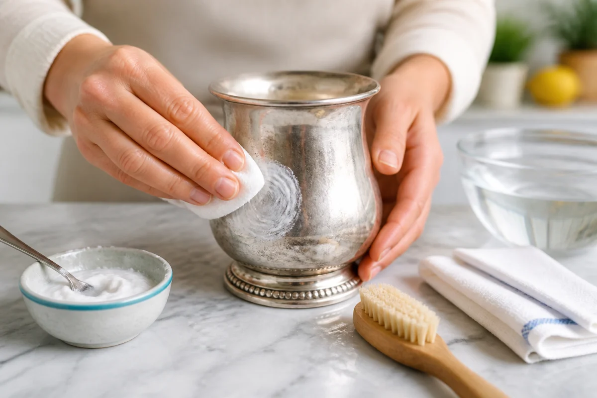 Mains appliquant une pâte de bicarbonate avec un chiffon doux pour nettoyer un objet en métal argenté terni
