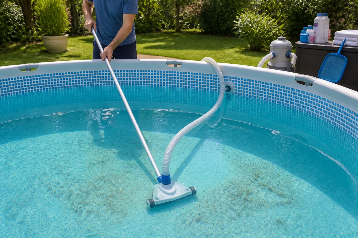 Comment nettoyer une piscine hors sol avec un balai aspirateur triangulaire à roues dans un jardin résidentiel
