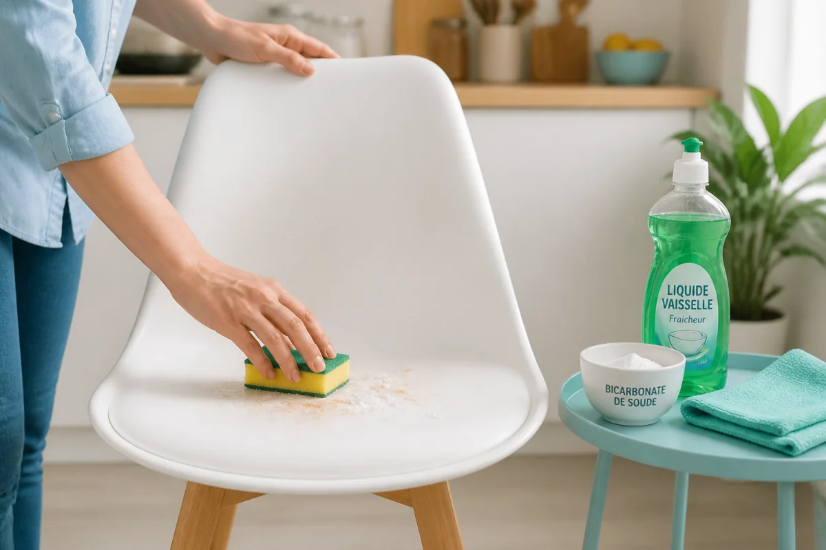 Comment nettoyer une chaise en polypropylène blanc avec une éponge douce, du liquide vaisselle et du bicarbonate