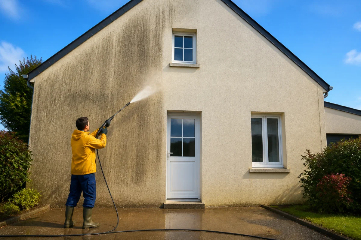 Personne nettoyant efficacement une façade de maison noircie au nettoyeur haute pression, révélant une surface propre et ravivée
