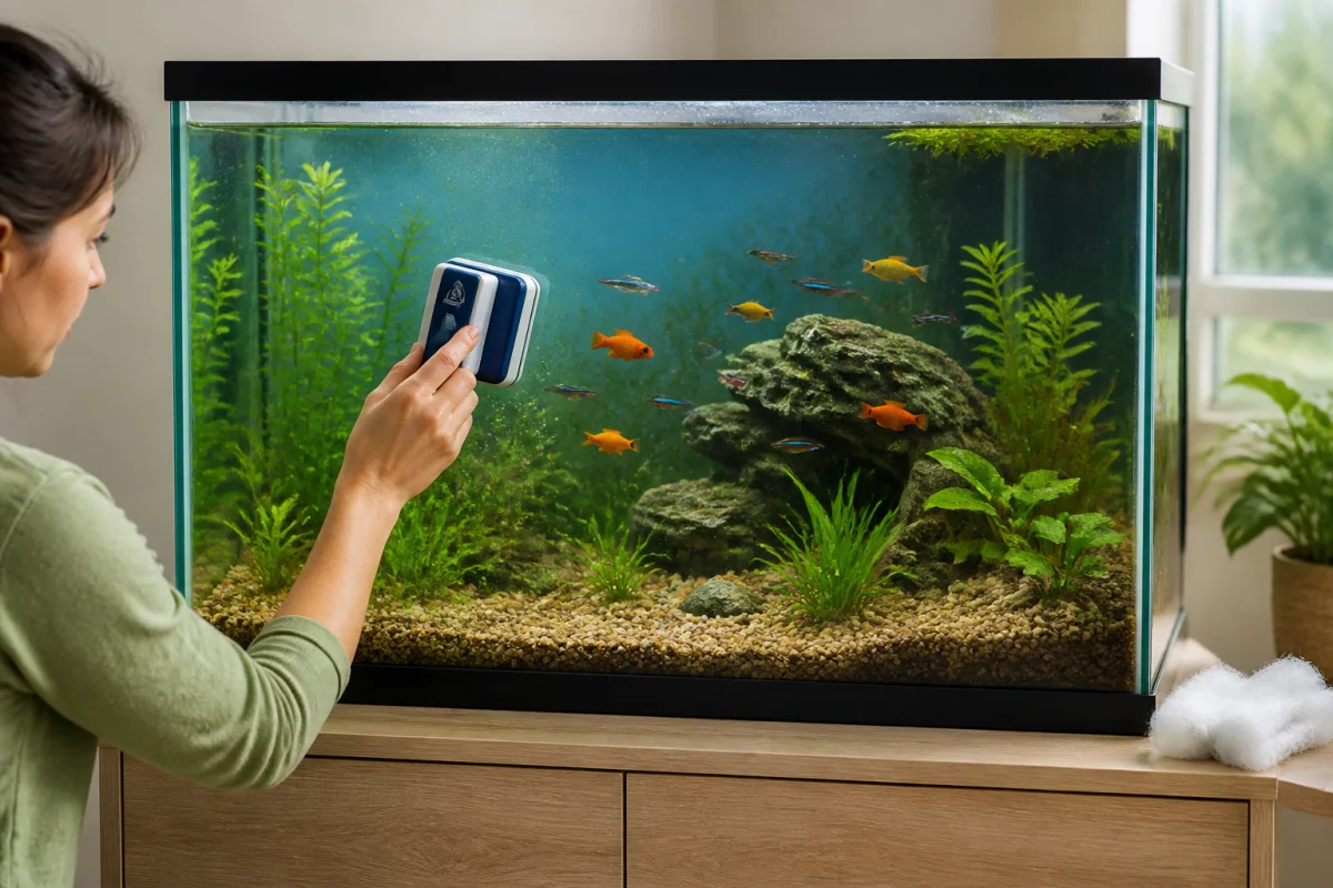 Nettoyage délicat de la vitre d’un aquarium avec poissons colorés, plantes aquatiques et nettoyeur magnétique