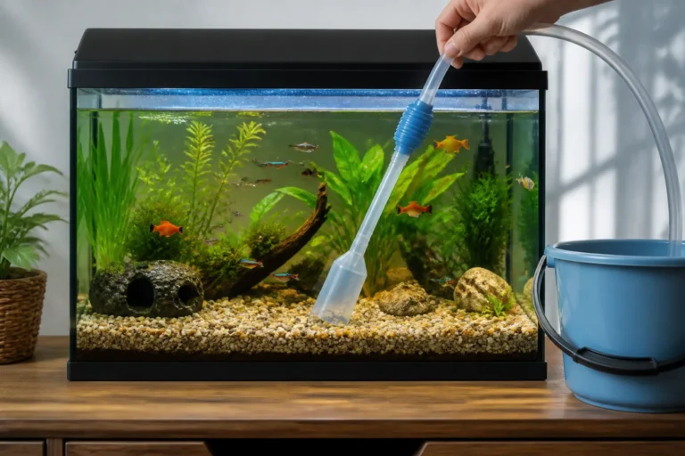 Nettoyage d’un aquarium avec poissons dedans, siphon au-dessus du gravier et seau à proximité