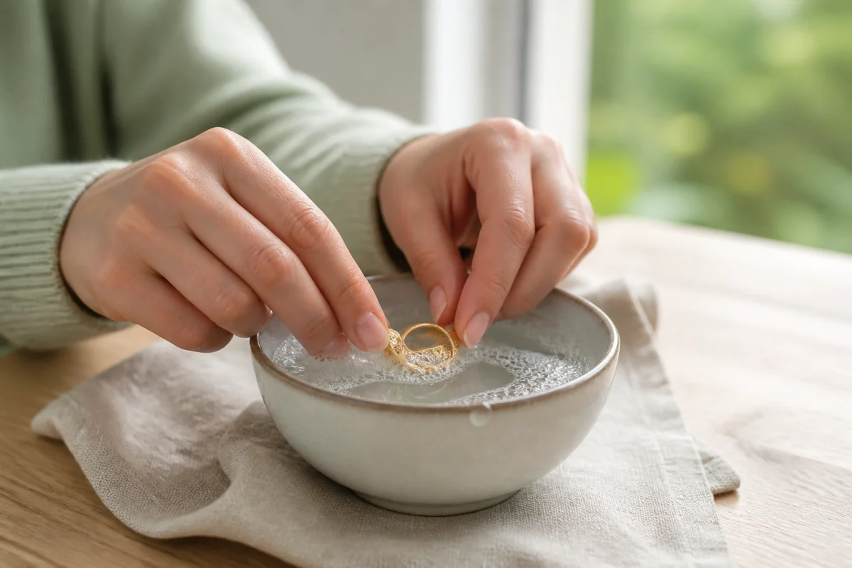 Mains nettoyant délicatement une bague en or dans un bol d'eau savonneuse pour savoir comment nettoyer de l'or qui a noirci.