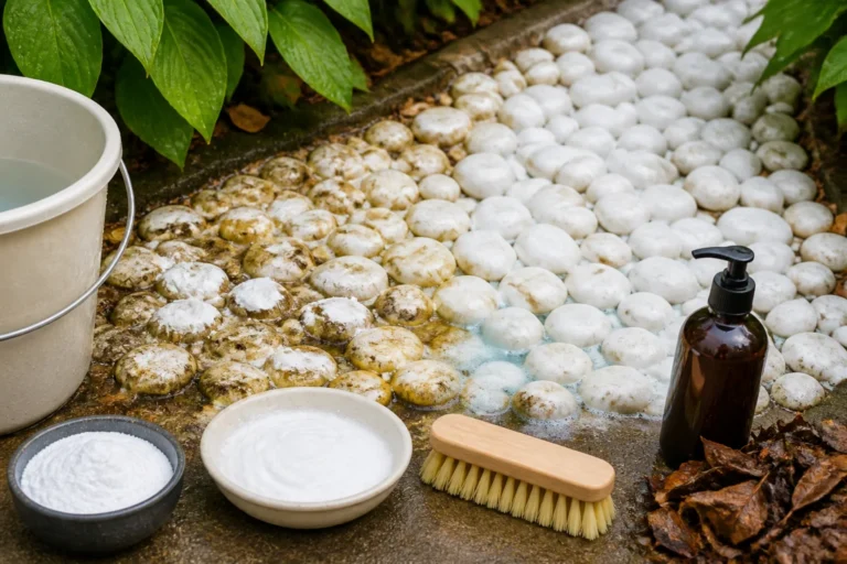 Cailloux blancs jaunis nettoyés au bicarbonate dans une allée de jardin, avec brosse douce, eau et savon noir
