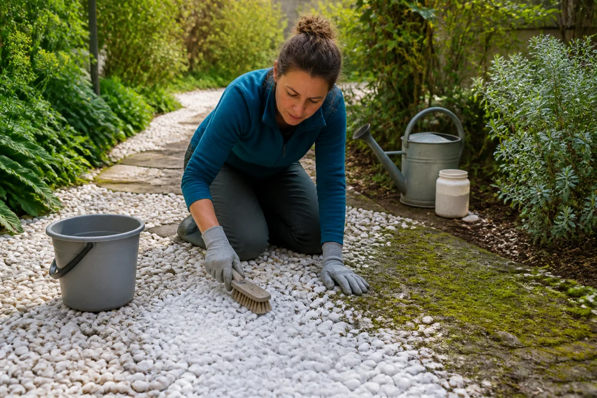 Comment nettoyer des cailloux blancs : personne gantée brossant la mousse dans une allée de jardin humide