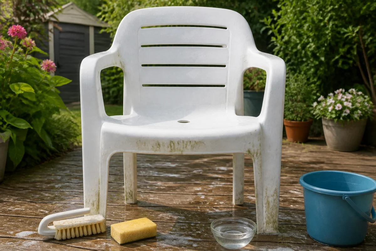 Nettoyage d’une chaise en polypropylène blanc avec brosse souple, éponge et eau sur une terrasse extérieure