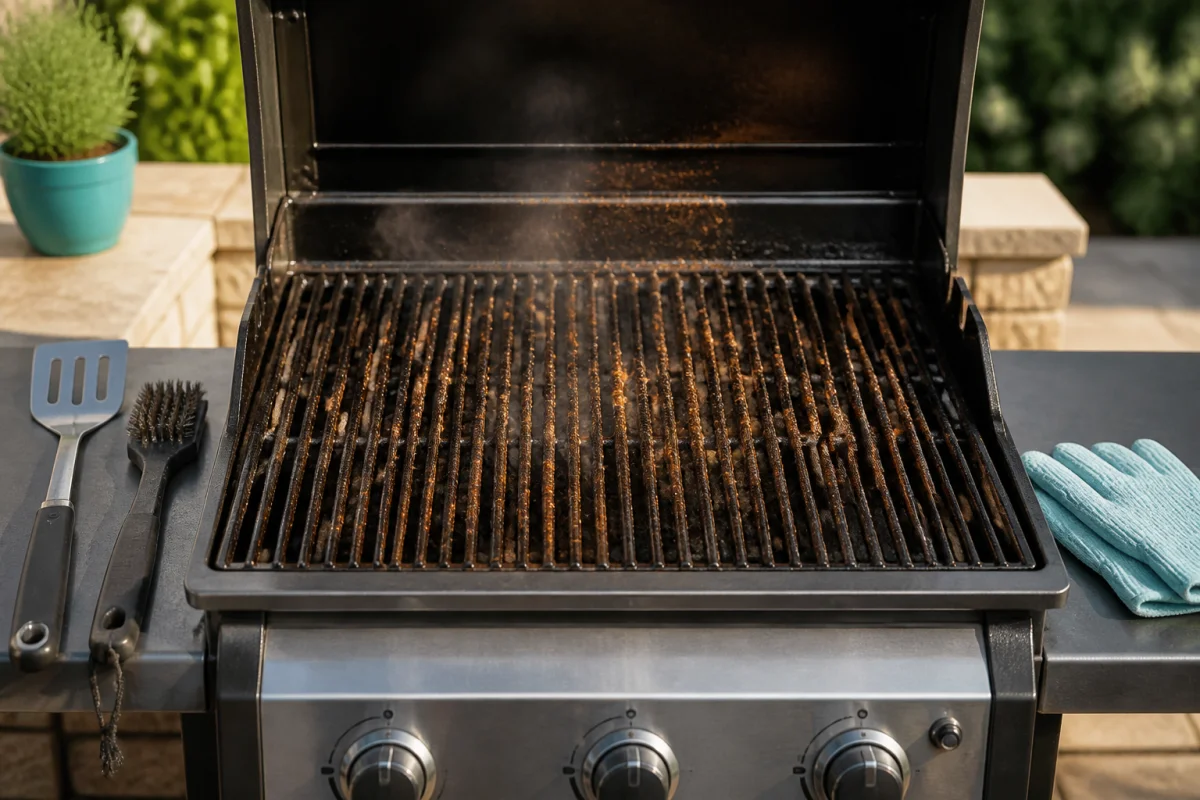 Comment nettoyer une grille de barbecue chaude avec une brosse et une spatule pour éliminer les graisses incrustées