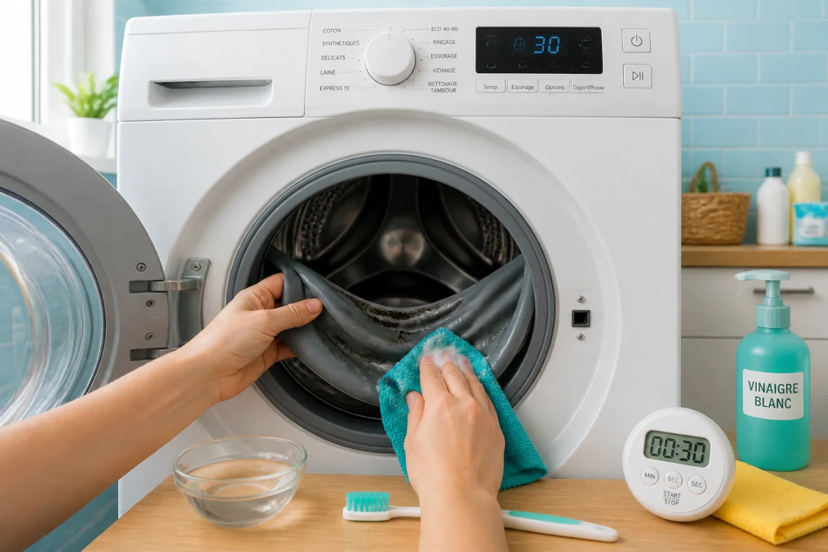 Main nettoyant les plis du joint en caoutchouc d’une machine à laver avec un chiffon et une brosse à dents
