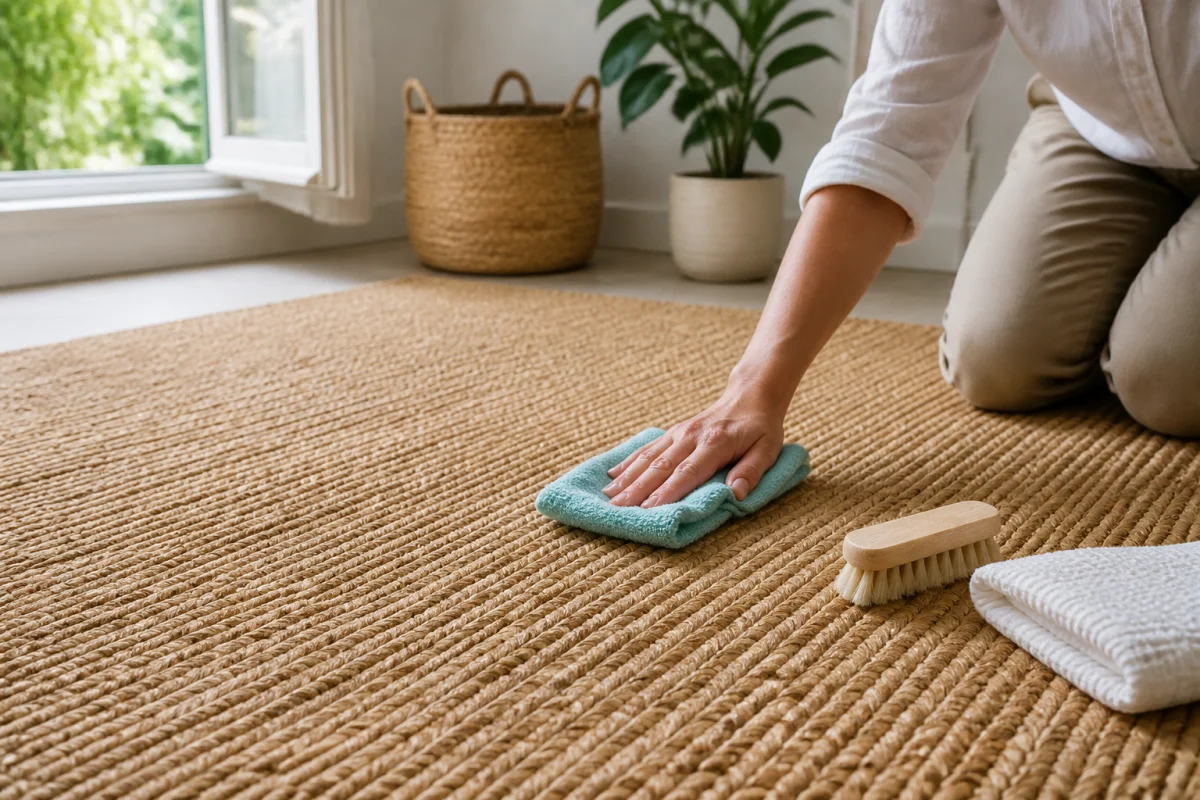 Nettoyage d’un tapis en jonc de mer avec chiffon essoré et brosse souple, en suivant le sens des fibres