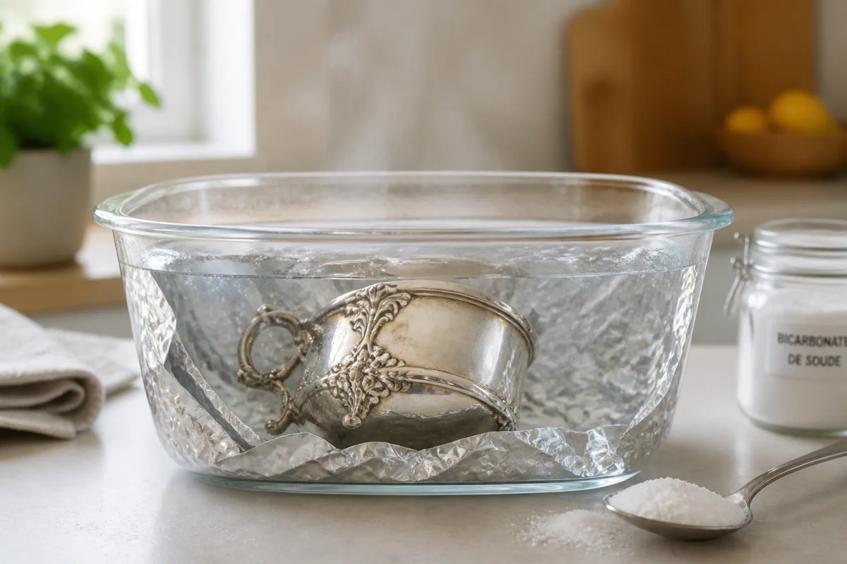 Nettoyage du métal argenté dans un bain d’eau chaude, d’aluminium et de bicarbonate en cuisine