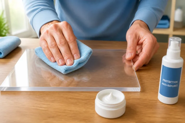Mains polissant une plaque en plexiglas micro-rayée avec un chiffon doux et une pâte spéciale plexiglas