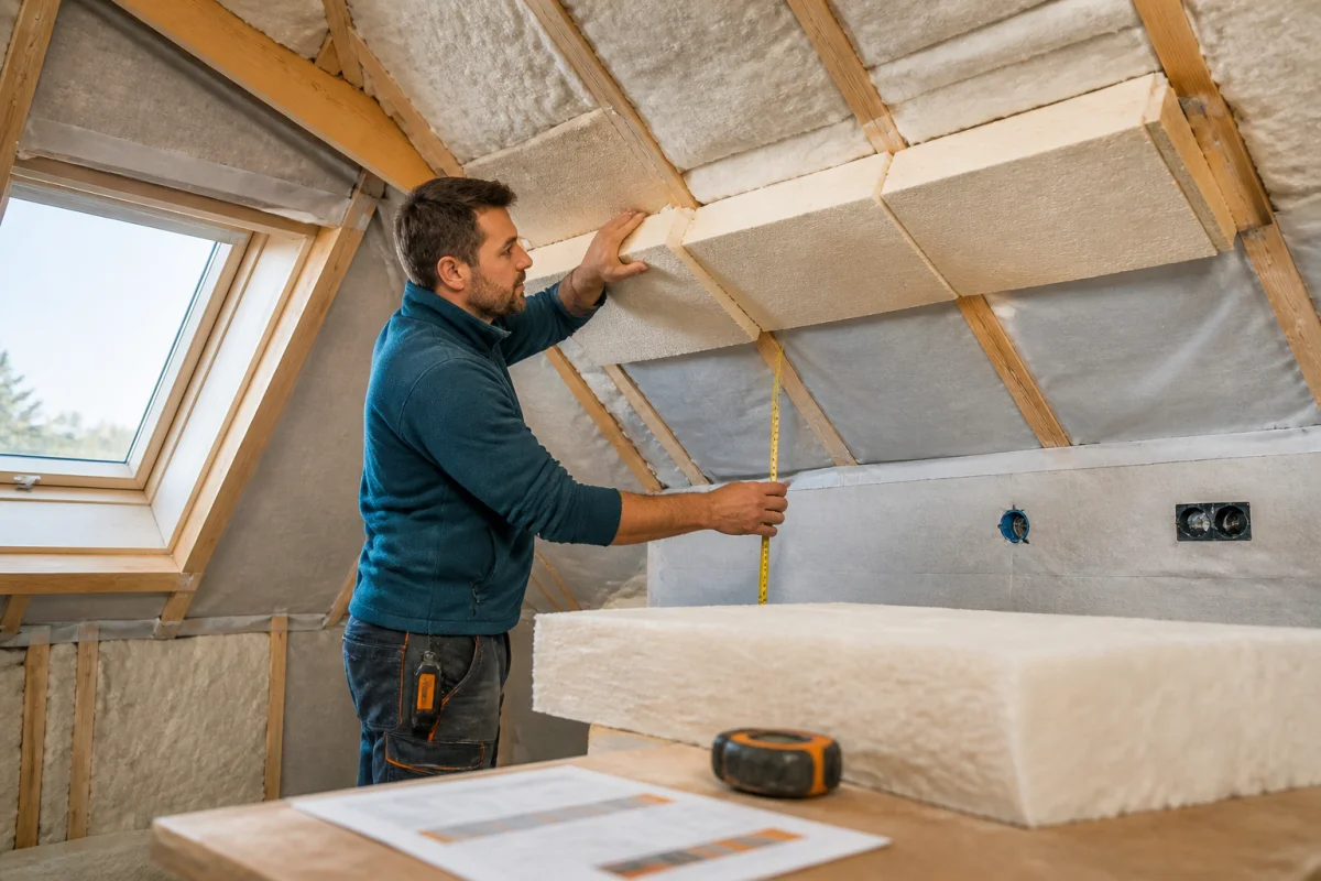 Artisan posant un isolant complémentaire sous les chevrons pour améliorer l’isolation des combles aménagés.