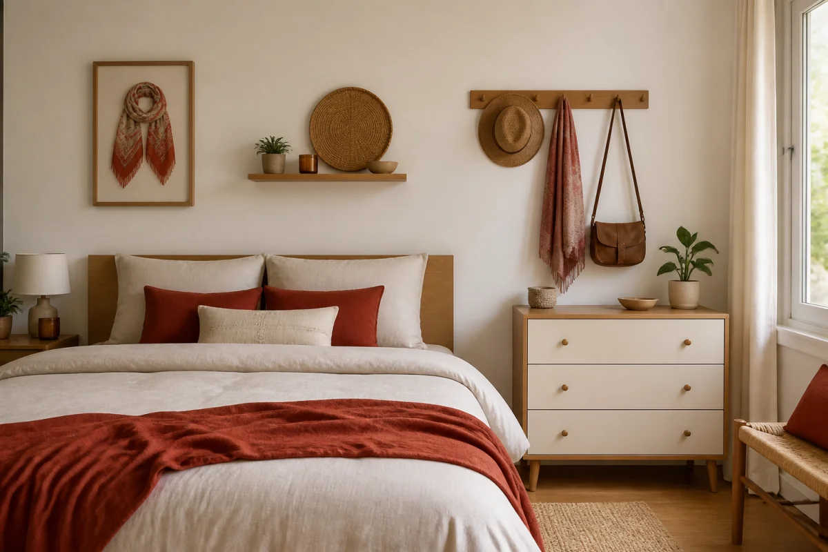 Aménager une chambre d’amis confortable avec lit épuré, accessoires décoratifs et mobilier en bois clair