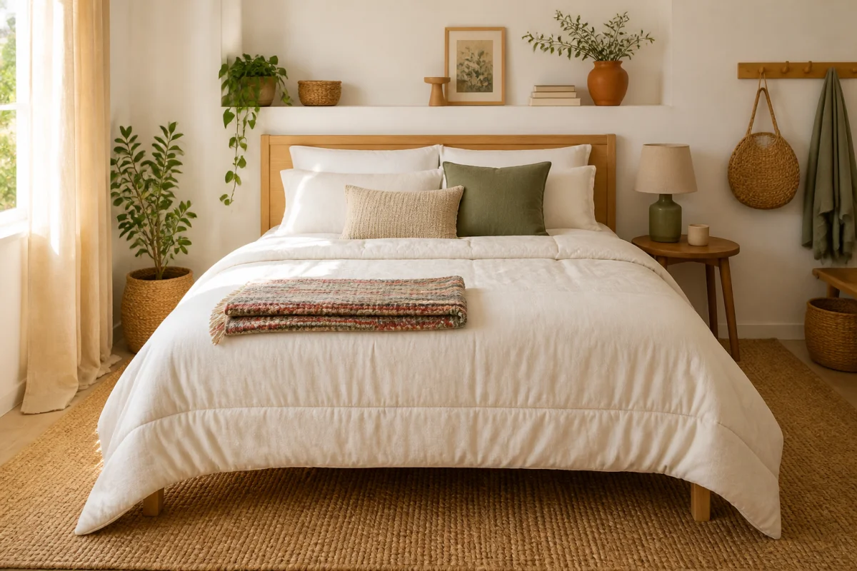 Chambre d’amis bohème avec lit double confortable, literie superposée, plaid plié, coussins et plantes vertes