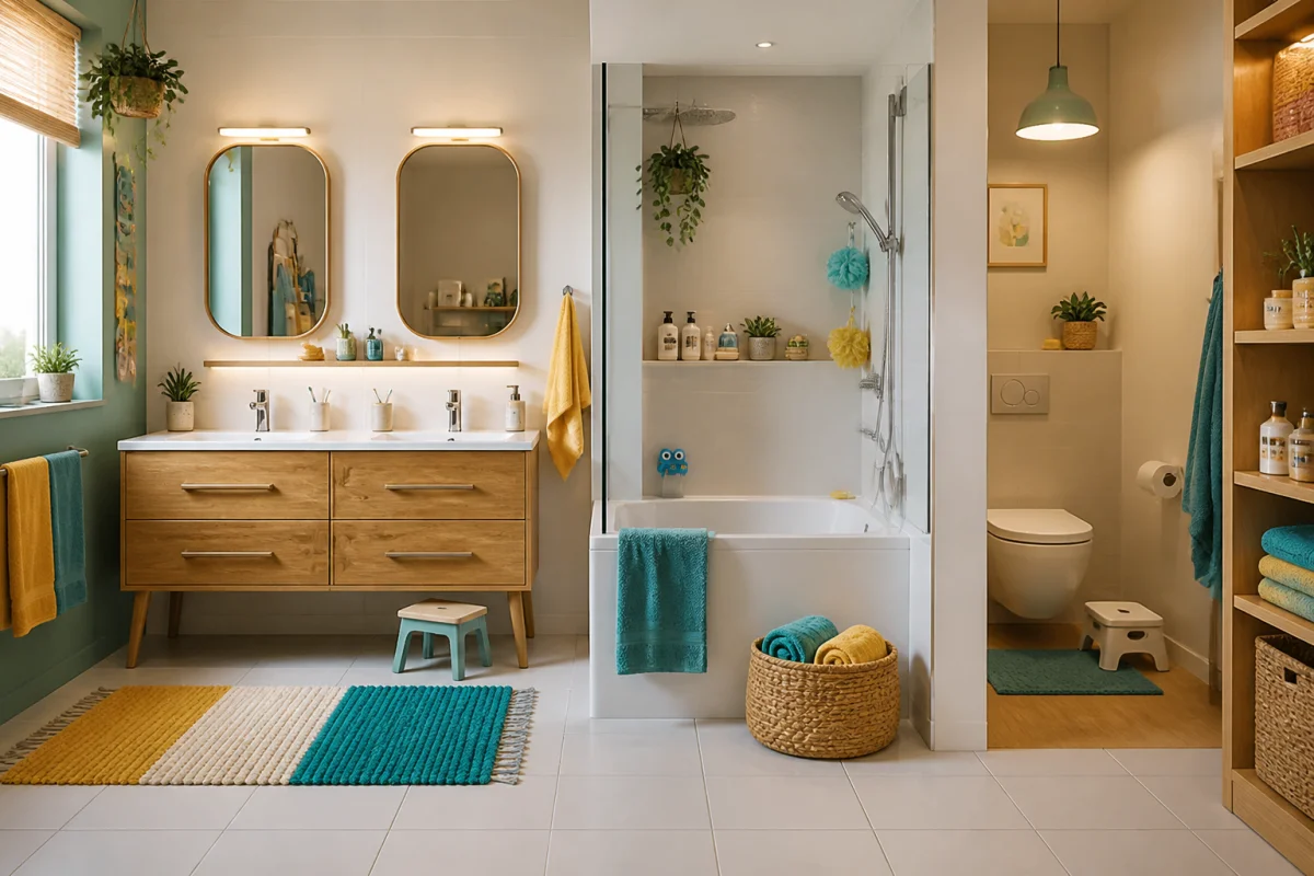 Aménager une salle de bain familiale avec lavabo double, douche-baignoire, rangements et toilettes séparées
