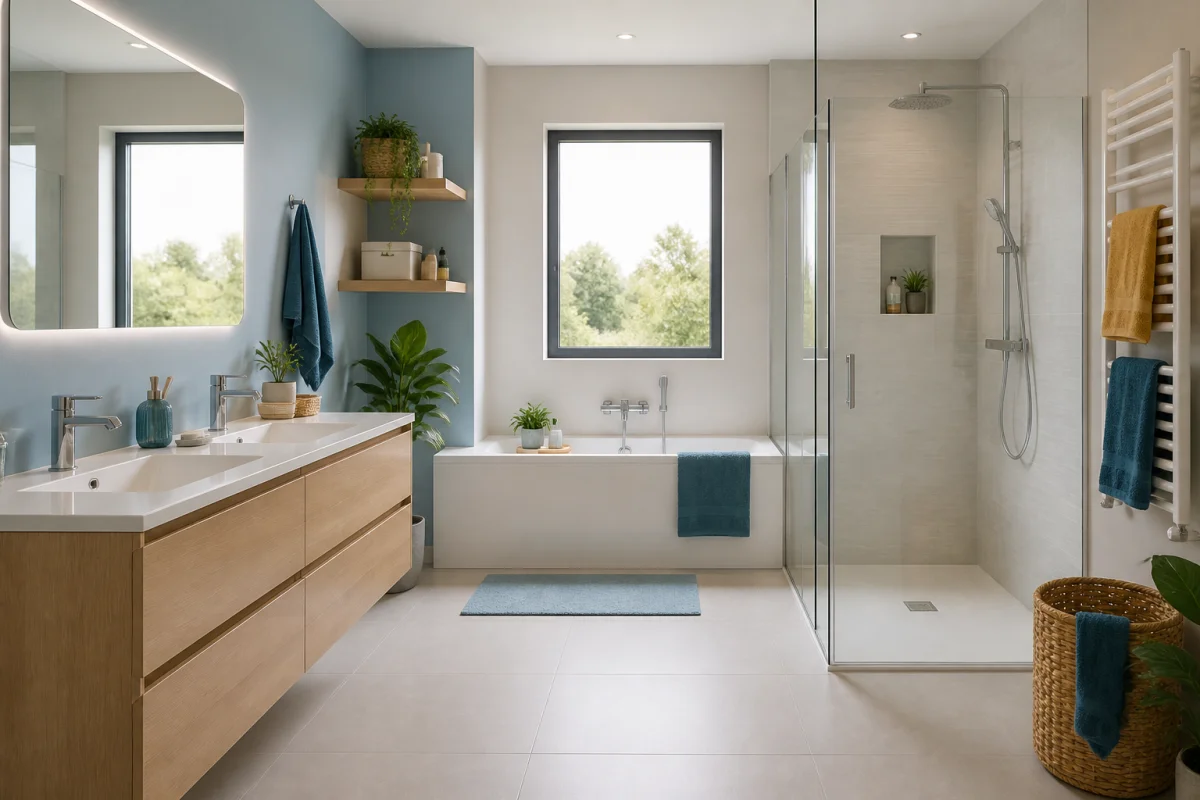 Salle de bain familiale moderne avec douche vitrée, baignoire compacte, rangements intégrés et matériaux faciles à entretenir