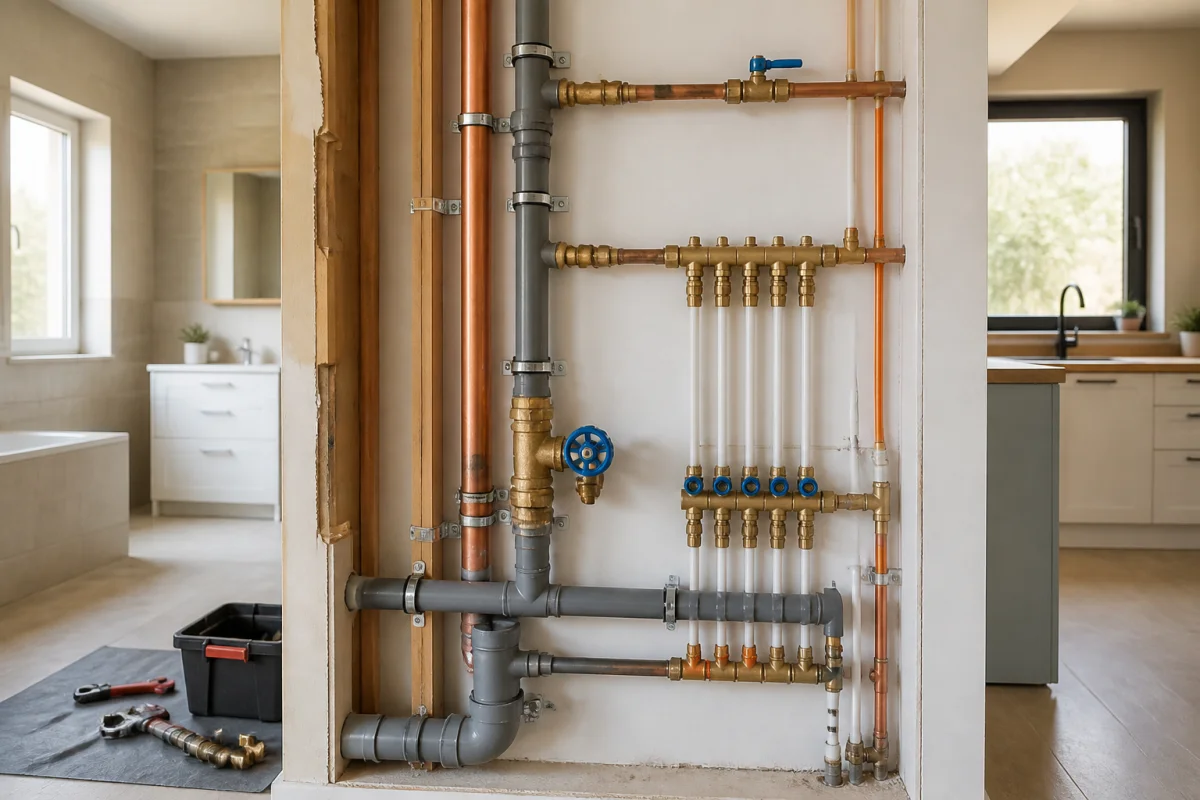 Rénovation du réseau d’eau domestique avec nouvelles conduites, vanne accessible et raccordements équilibrés pour augmenter la pression d’eau dans la maison