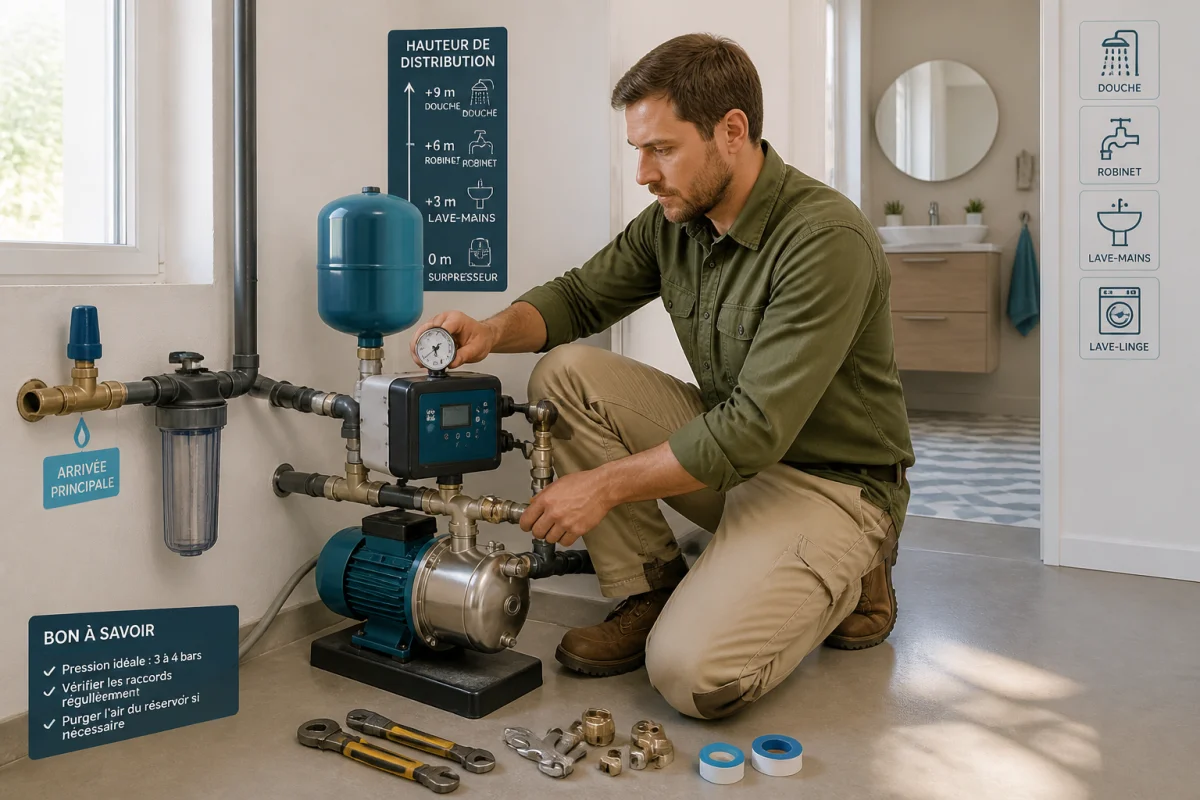 Professionnel vérifiant un surpresseur pour augmenter la pression d’eau dans la maison, avec manomètre et raccordements visibles