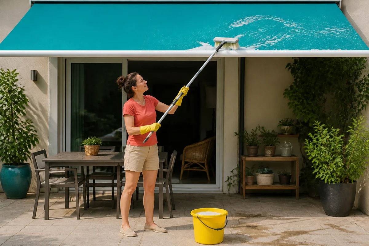Personne nettoyant un store banne déployé avec une brosse télescopique, de l’eau savonneuse et un seau sur une terrasse lumineuse