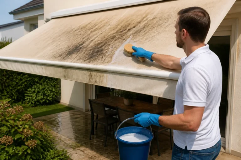 Personne nettoyant une toile de store banne tachée avec une brosse douce et de l’eau savonneuse