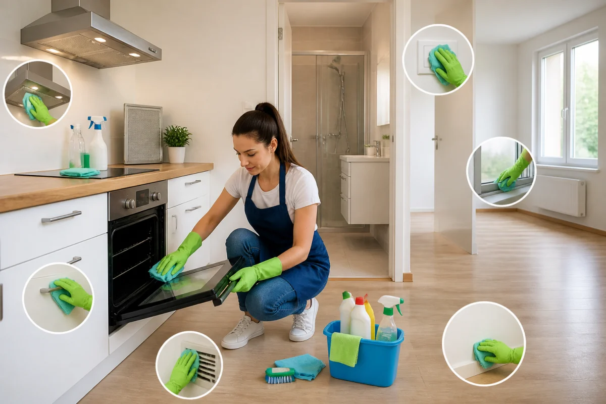 Personne nettoyant un appartement vide pour un déménagement et ménage de départ, avec cuisine et salle de bains visibles