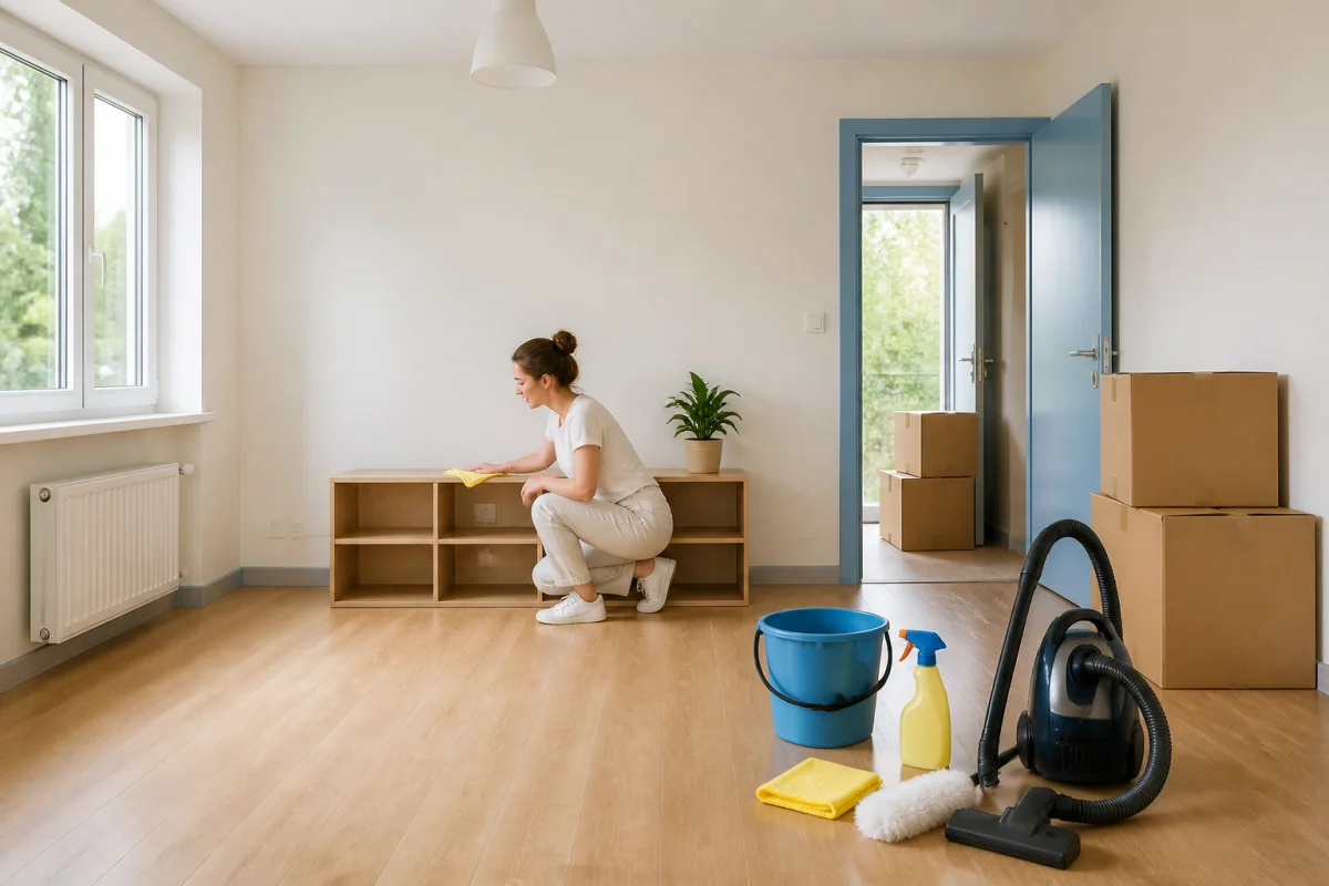 Ménage de départ dans un logement vidé, avec nettoyage méthodique d’une étagère et cartons fermés près de la sortie