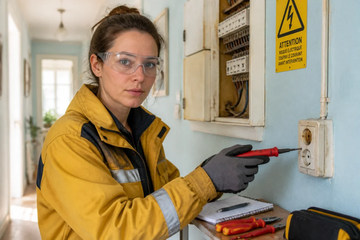 Électricienne diagnostiquant une installation électrique vieillissante avec testeur isolé, prise murale usée et tableau électrique ancien