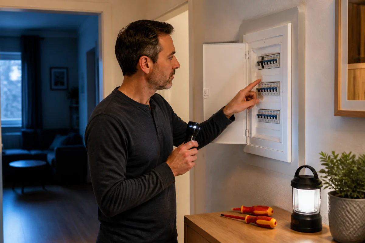 Diagnostiquer les pannes électriques courantes devant un tableau électrique, avec une pièce partiellement privée de courant