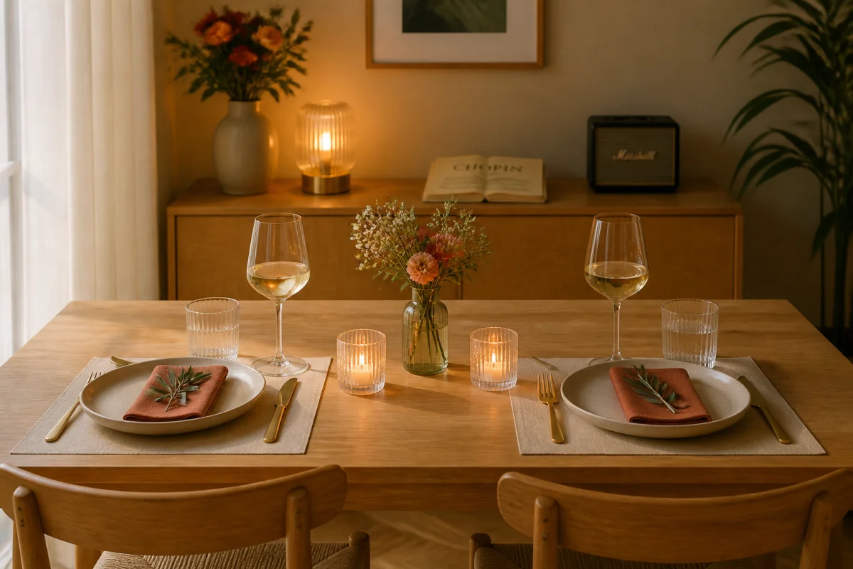 Table dressée pour préparer un dîner romantique à la maison, avec bougies, fleurs et vaisselle élégante pour deux
