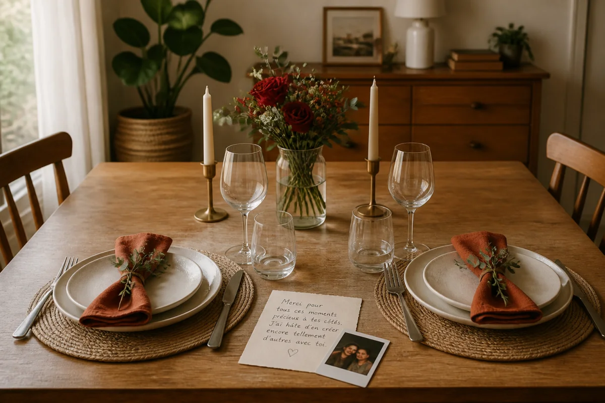 Table dressée pour un dîner romantique à la maison avec vaisselle sobre, verres, bouquet discret et mot manuscrit personnalisé