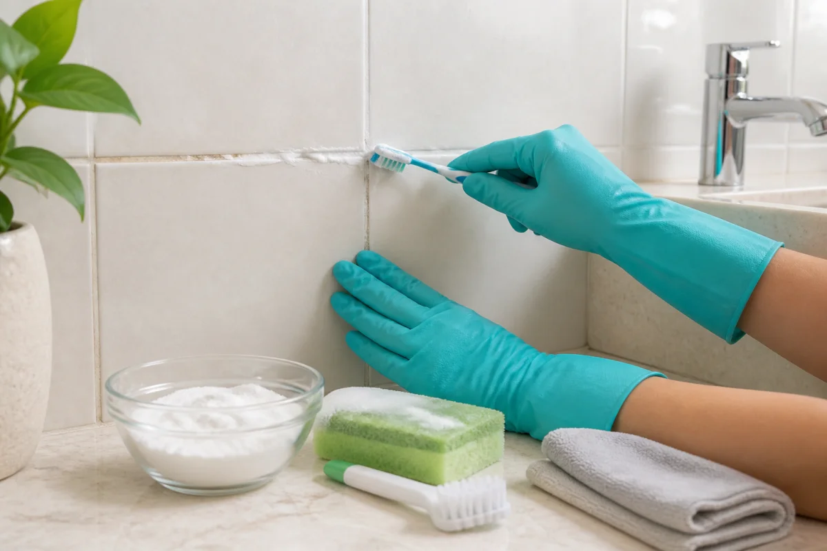 Entretenir les joints de salle de bain avec du bicarbonate, une brosse souple et des gants turquoise