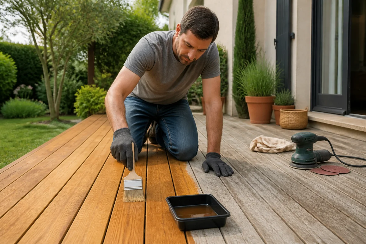 Entretien de terrasse en bois : ponçage des lames et application d’huile protectrice par une personne équipée