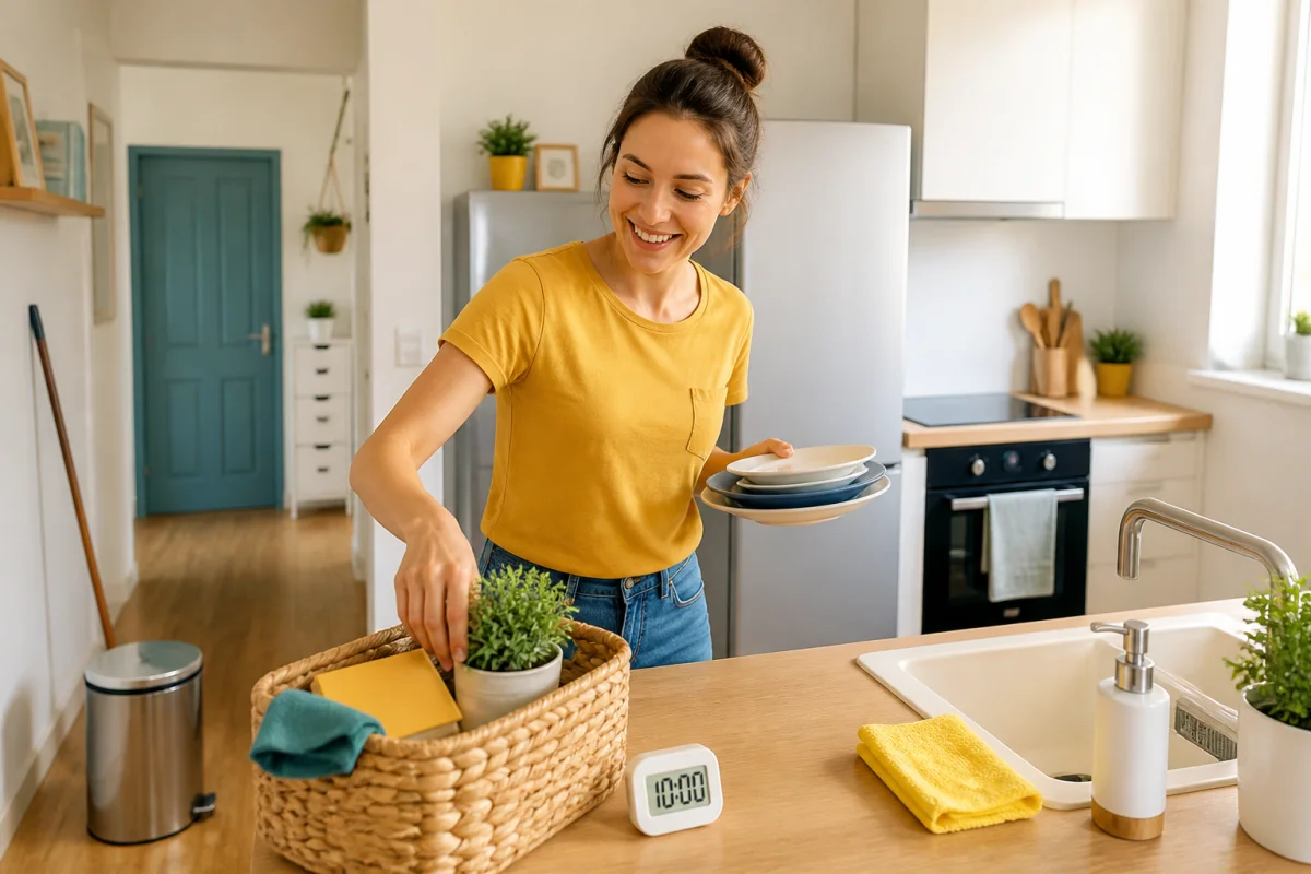 Personne rangeant rapidement une cuisine familiale avec panier de rangement, surfaces dégagées et minuteur pour un ménage quotidien efficace