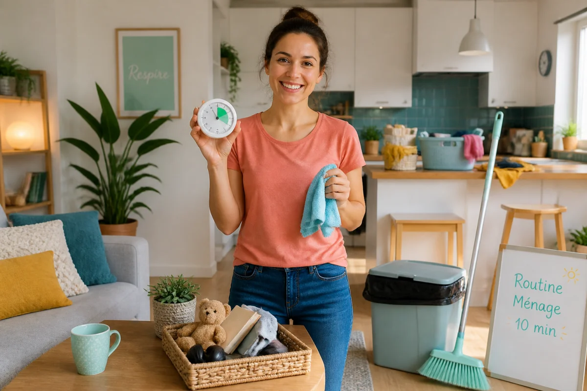 Personne souriante faisant le ménage rapide au quotidien avec minuteur, chiffon et paniers dans un appartement lumineux