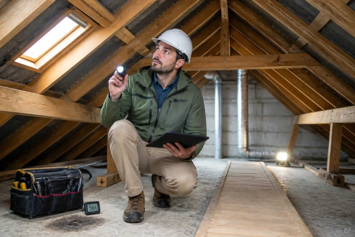 Professionnel inspectant des combles perdus avant isolation, vérifiant la charpente, la couverture et les traces d’humidité