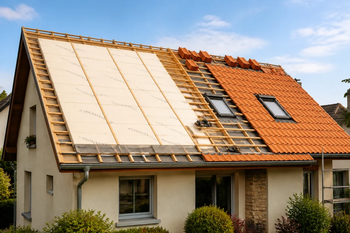 Isolation thermique par l’extérieur d’une toiture de combles aménagés avec panneaux isolants posés au-dessus des chevrons