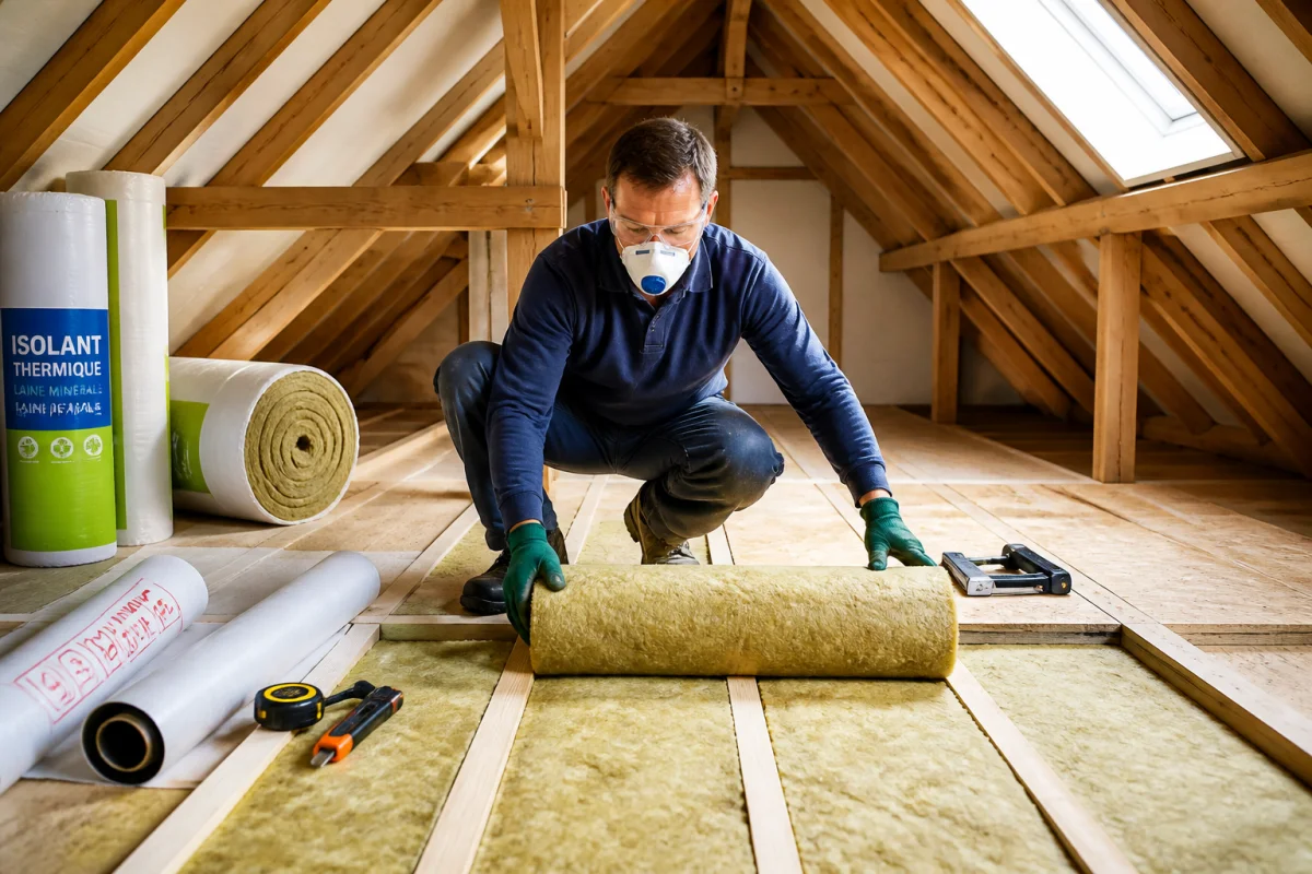 Artisan équipé posant une isolation thermique entre les solives de combles perdus avec outils et protections visibles