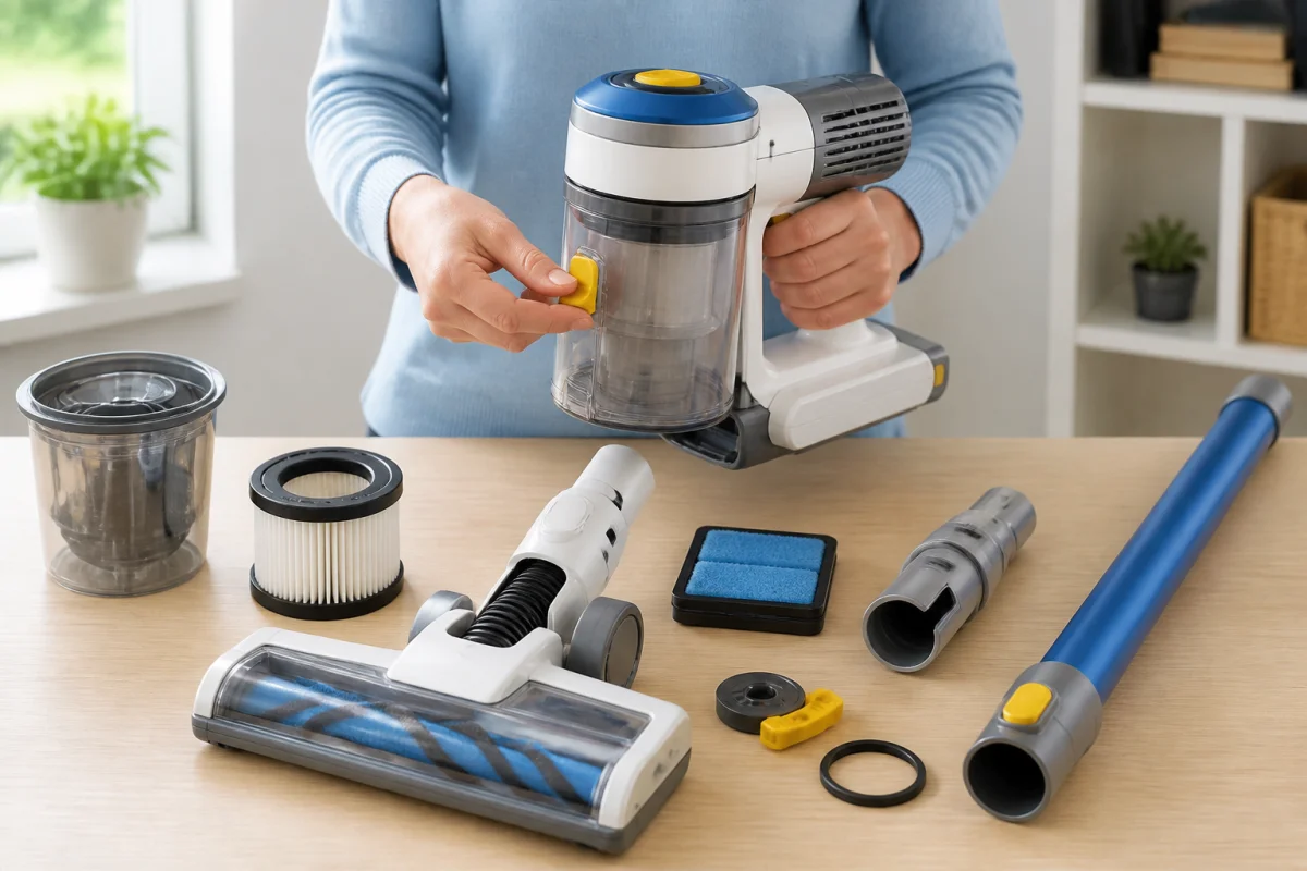 Nettoyer un aspirateur sans l’endommager : filtre, bac à poussière et batterie correctement remontés et vérifiés
