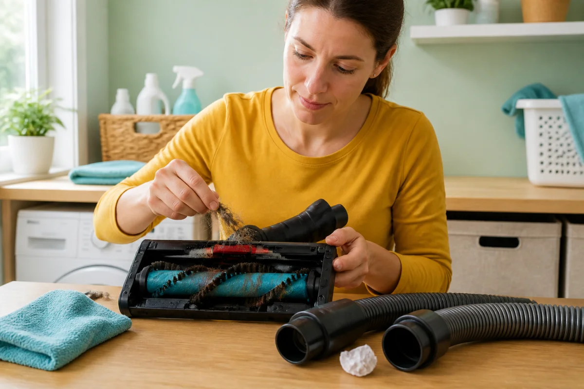 Nettoyage soigneux d’un aspirateur débranché : brosse retournée et flexible séparé, cheveux retirés du rouleau dans une buanderie lumineuse.