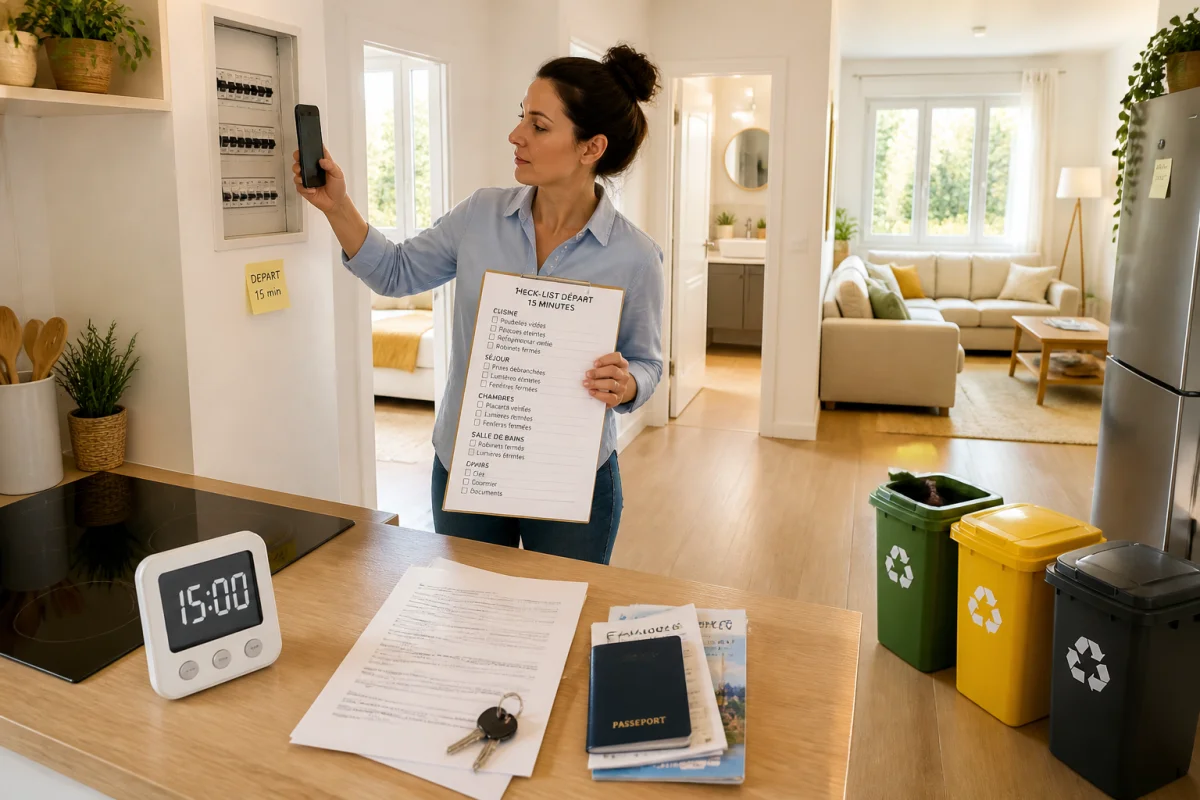 Organisation de la maison avant un départ, personne vérifiant les équipements avec checklist, téléphone et chronomètre de quinze minutes