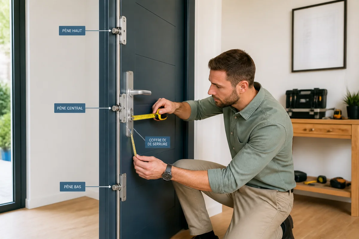 Porte d’entrée renforcée par une serrure multipoints, avec professionnel mesurant le mécanisme et les trois pênes verticaux