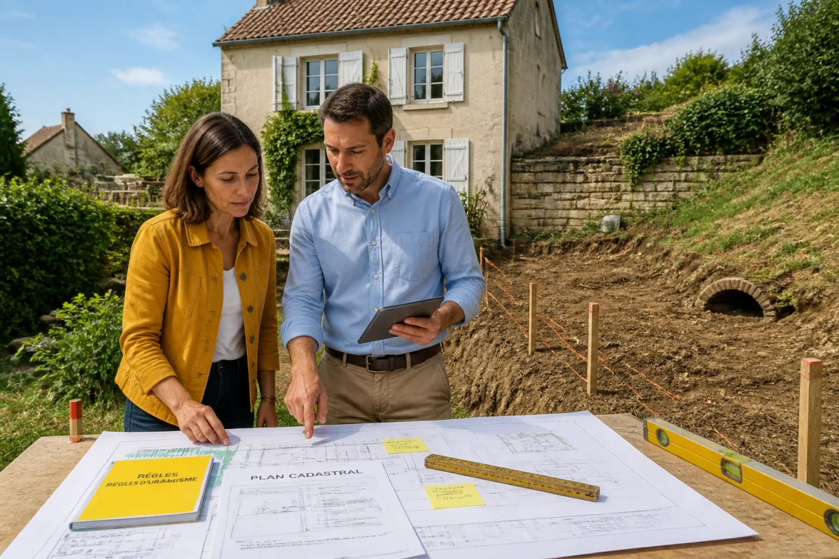 Propriétaire et architecte examinent plans et terrain pour préparer une extension de maison ancienne dans un jardin résidentiel