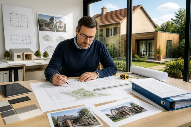 Architecte préparant méthodiquement une extension de maison avec plans, relevés, maquette et dossier administratif sur un bureau