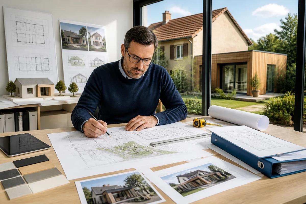 Architecte préparant méthodiquement une extension de maison avec plans, relevés, maquette et dossier administratif sur un bureau