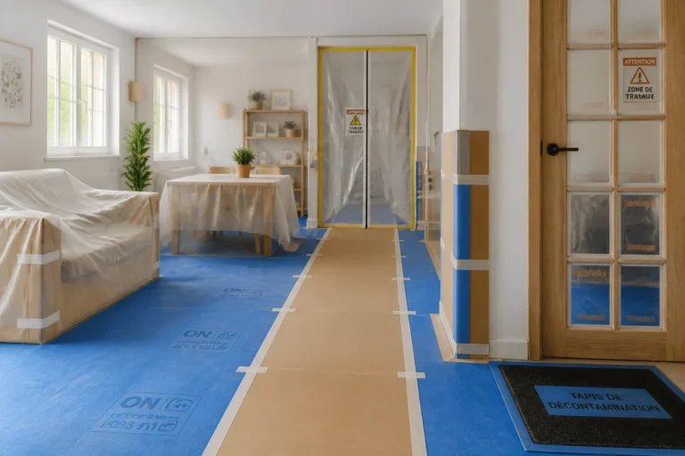 Préparer sa maison avant travaux avec meubles protégés, sols couverts et accès organisé dans un intérieur en rénovation
